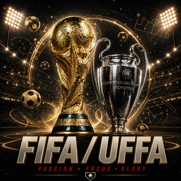 世界盃 FIFA / 歐洲盃 UEFA示意圖，呈現足球奪冠獎盃圖